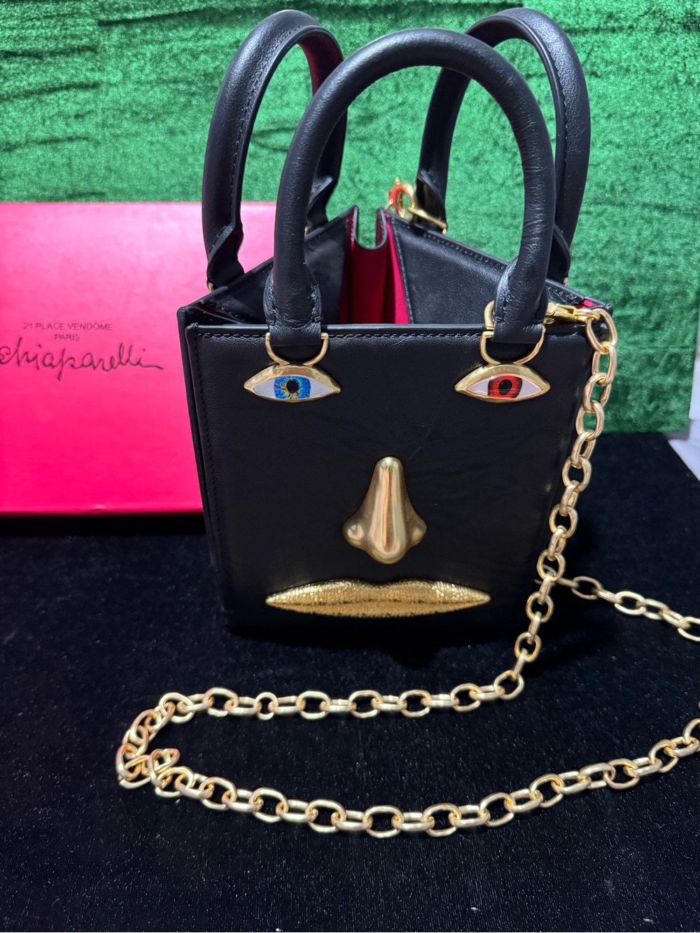 Rare Schiaparelli inspiredBlack 3D Face Leather Mini Tote with Gold Chain